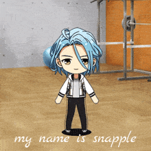 a picture of a boy with blue hair and the words my name is snapple below him