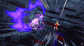 a video game character is fighting a purple monster
