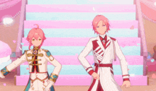 a couple of anime characters standing next to each other on stairs