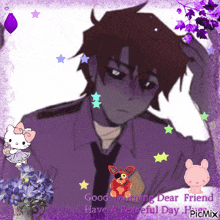 a picture of a man in a purple shirt and tie with the words good morning dear friend have a peaceful day picmix