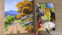 a painting of a path next to a palette of paint with the words made in animatica on the bottom