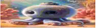a painting of an octopus in the ocean with a spaceship in the background
