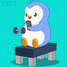 a penguin is sitting on a bench holding a phone and dumbbells