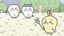 a group of cartoon characters are standing in a field .