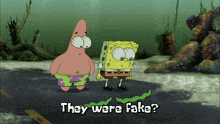 a cartoon of spongebob and patrick standing next to each other with the caption " they were fake "