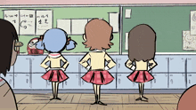 a cartoon drawing of three girls standing in front of a chalkboard with the numbers 1 2 and 3 on it