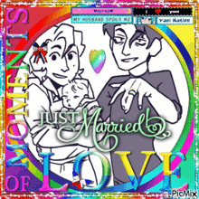 a picture of a couple holding a baby with the words just married love