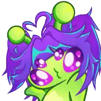 a green and purple cartoon character with a heart on its head