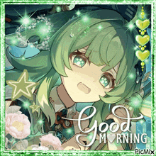 a picture of a girl with green hair and the words " good morning "