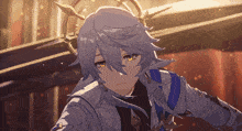 a cartoon character with gray hair and yellow eyes has a crown on his head