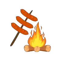 a cartoon illustration of grilled sausages next to a campfire .