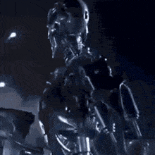 a robot is standing in front of a purple background that says " plus sy "