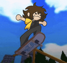 a cartoon drawing of a person riding a skateboard with a sticker on it that says ' sd '