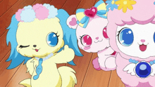 three cartoon characters are standing next to each other on a wooden floor and one of them is wearing a necklace