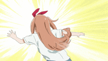 a girl with long hair and a red bow on her head is running