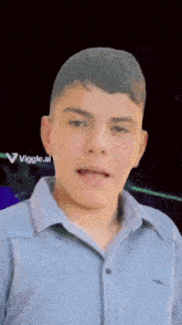 a young man in a blue shirt with a viggle.ai logo on the bottom right