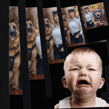 a baby is crying in front of a poster that says devsu04