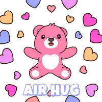 a pink teddy bear is surrounded by colorful hearts and the words airhug