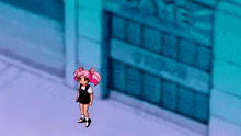 a girl with pink hair is standing in front of a building with the word game on it