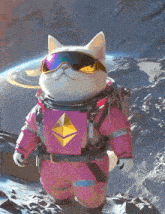 a cat wearing a pink space suit with an ethereum logo