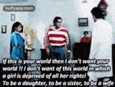 a man and a woman are standing next to each other in a room with a quote .