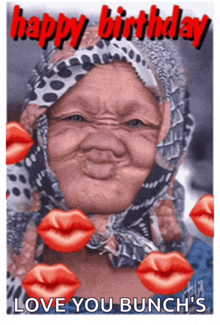 a happy birthday card with a woman wearing a scarf