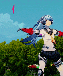 a girl with blue hair is flying a kite in the sky