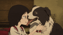 a girl is hugging a black and white dog with a signature on its chest