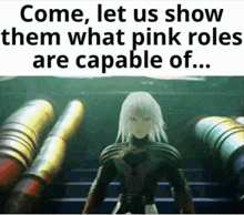 a video game character with the words come let us show them what pink roles are capable of .