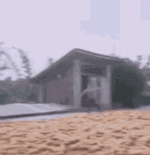 a blurred image of a house on a beach with a statue in the background .