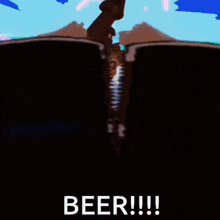 a cartoon of a man holding a barrel with the words beer !!! written on it