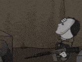 a cartoon character holding a gun with a white mask on his face