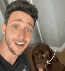 a man with a beard is smiling next to a brown dog with an arrow pointing to the dog 's face