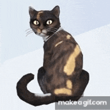 a calico cat with yellow eyes is sitting on a white surface .