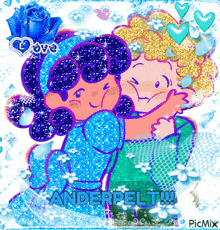 a picture of a boy and a girl hugging with the words anderpelt written below them
