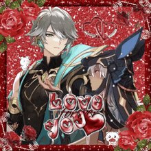 a valentine 's day greeting card with two anime characters and the words love you
