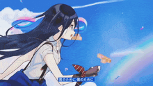 a girl with long black hair is flying through the air with bubbles behind her