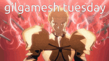 a poster for gilgamesh tuesday with a picture of a man in armor