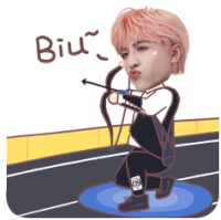 a cartoon drawing of a boy holding a bow and arrow with the word biu below him