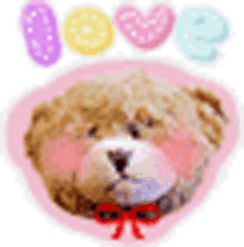 a teddy bear with a red bow around its neck and the word love written above it .