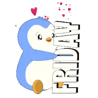 a penguin is hugging the word friday with hearts around it