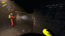 a screenshot of a video game shows a man in a red suit holding a flashlight
