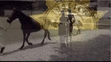 a group of people standing in front of a clock with a horse in the background