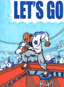 a cartoon of a man standing on a stool with the words let 's go behind him