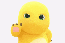 a yellow cartoon character with green eyes is waving his hand