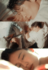 a man and a woman are laying on a bed with their eyes closed in a collage of three photos