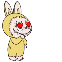 a cartoon rabbit with heart shaped eyes is wearing a yellow costume
