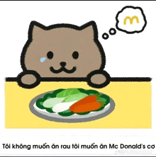 a drawing of a cat looking at a plate of vegetables