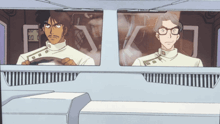 two men are looking out the window of a car with a clock that says 00 on it