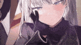 a girl with white hair and blue eyes is wearing a black jacket